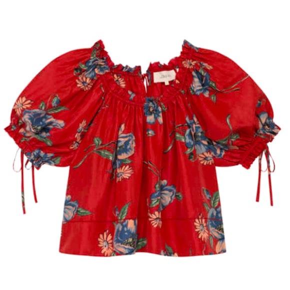 THE GREAT. Tops - THE GREAT. Red Floral Puff-Sleeve silk Blouse